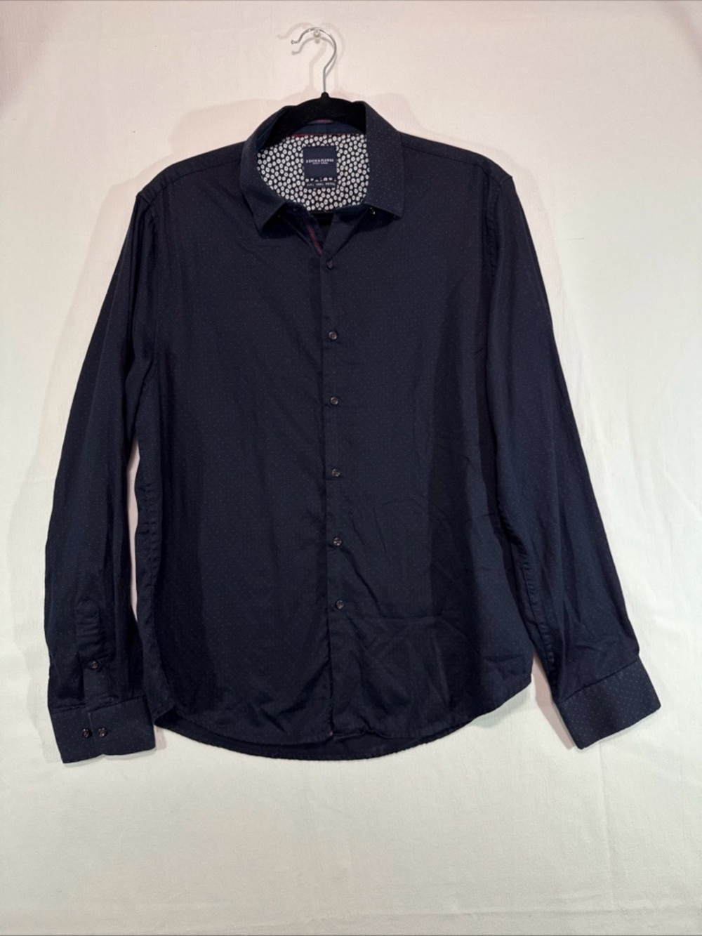 Denim and Flowers Button Down - Mens L - Blue Red Polka Dot Long Sleeve Casual